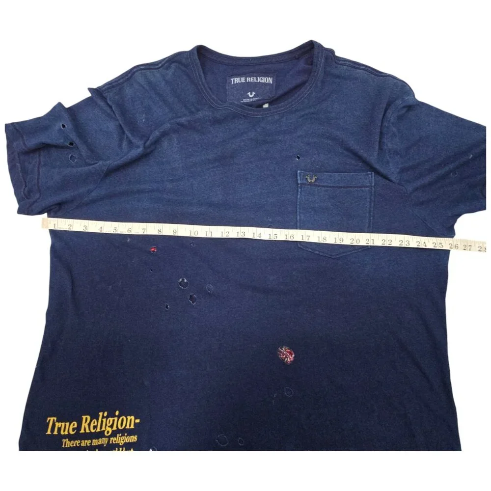 True Religion XXL Distressed Unisex Navy T-Shirt Skull Snake Roses Single Stitch